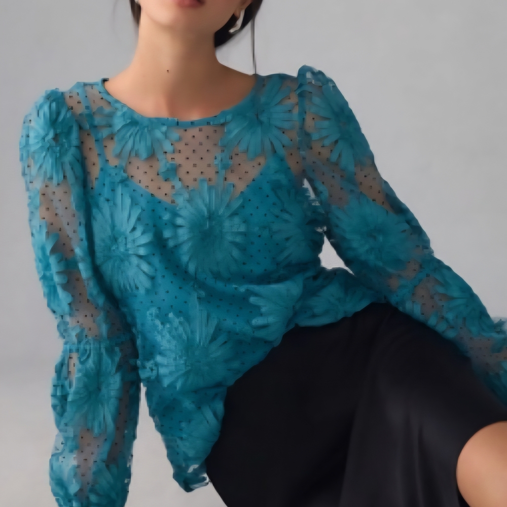 Eva Franco Teal Floral Sheer Blouse